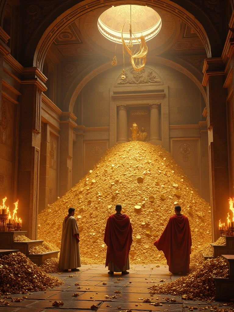 A massive Roman treasure chamber, filled with gold coins, jewelry, and precious artifacts, ancient Roman era, with a focus on the vast wealth, inside a grand Roman vault, the treasure glittering under torchlight, the chamber filled with golden treasures and Roman guards standing watch, wide shot, hyper-realistic, photo realism, cinematography -- ar 9:16