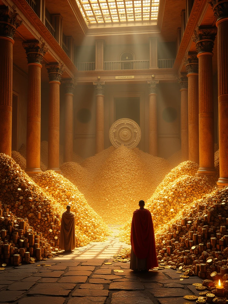 A massive Roman treasure chamber, filled with gold coins, jewelry, and precious artifacts, ancient Roman era, with a focus on the vast wealth, inside a grand Roman vault, the treasure glittering under torchlight, the chamber filled with golden treasures and Roman guards standing watch, wide shot, hyper-realistic, photo realism, cinematography -- ar 9:16