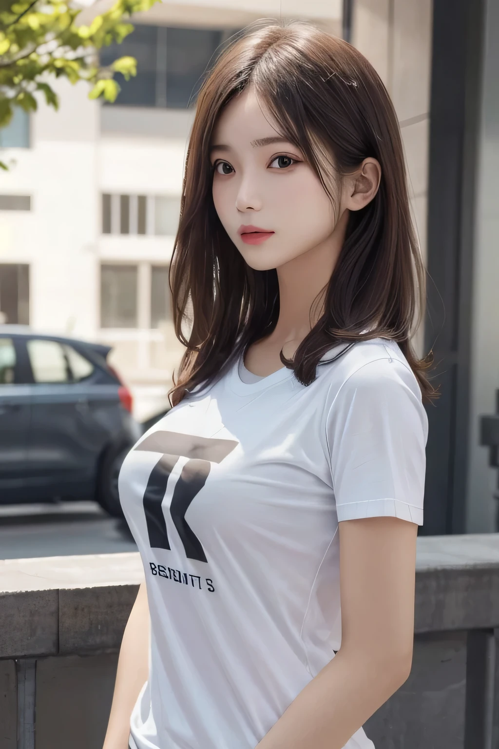 One girl, 1st,Highest quality,High resolution,超High resolution,8k,Realistic,Upper Body,encounter_Audience,Large Breasts, The body is slim,(t-shirt:1.2)