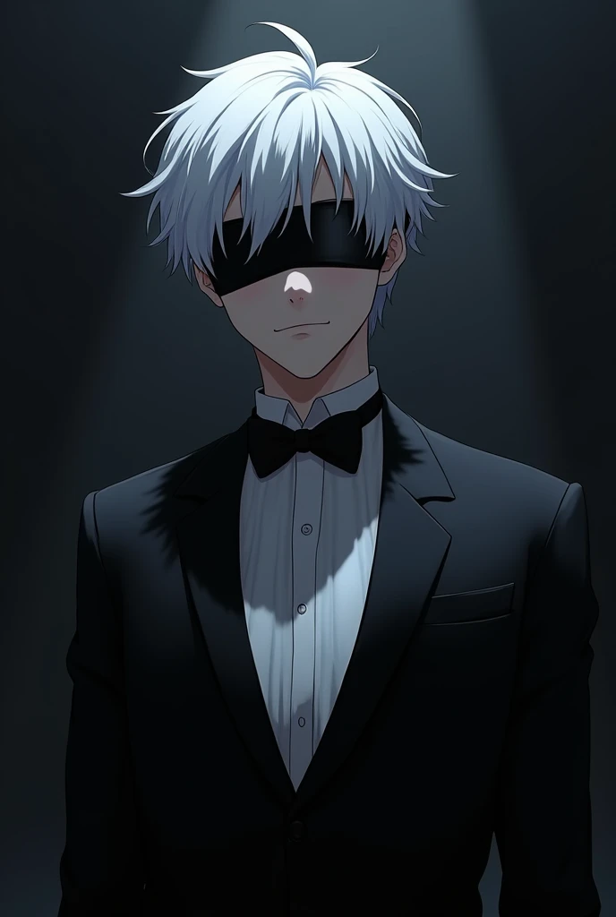 20 years old animated boy wearing black tuxedo, black blindfold with white hair like gojo in dark background