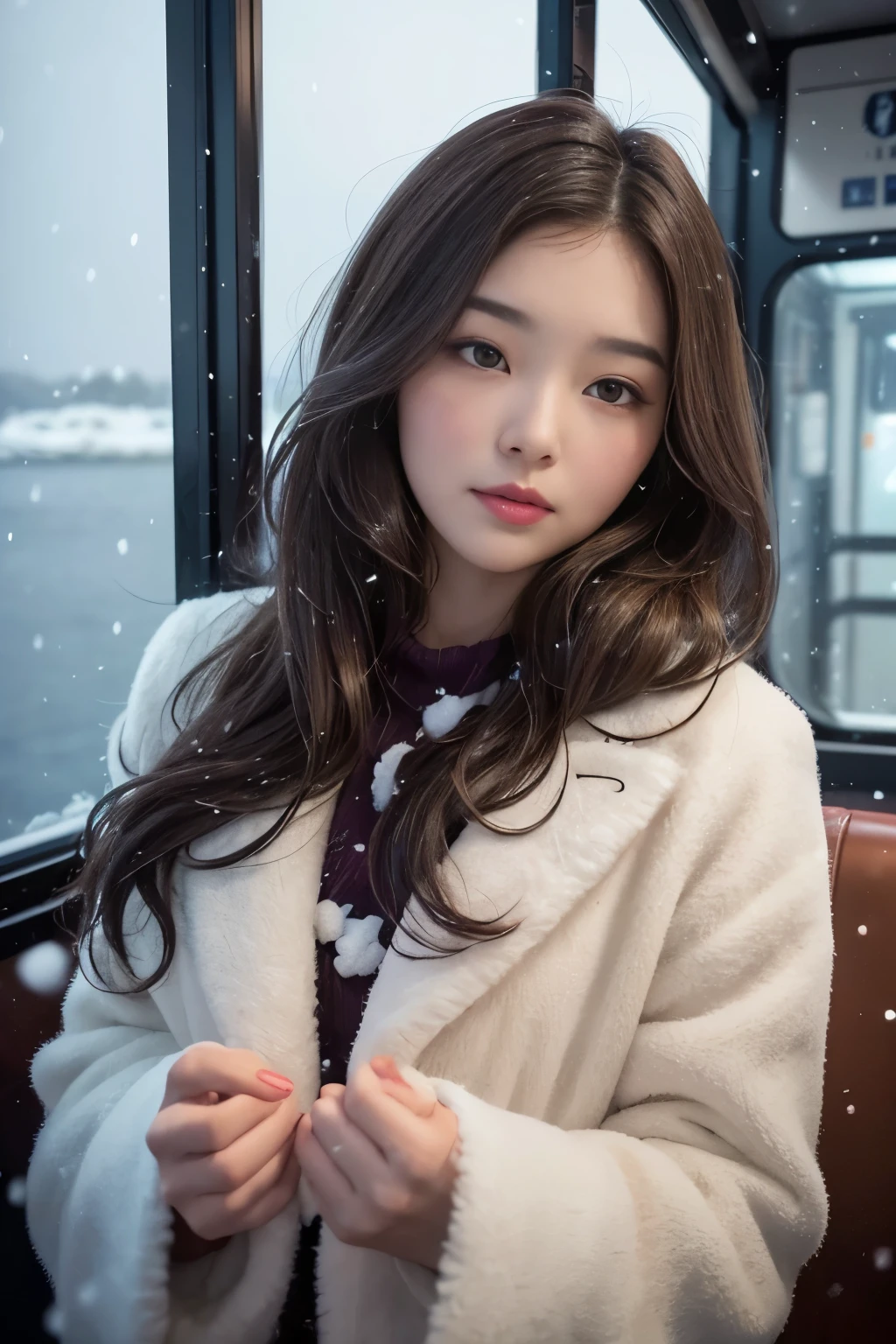 1womanl、late 20s age、(Strong-willed super beautiful woman)、(ultra beautiful faces)、Wearing makeup、Wavy brown hair、Shallow depth of field、It's snowing since I got off the night train、Only the sound of the sea is heard、I also took the ferry alone、I was staring at the freezing seagull