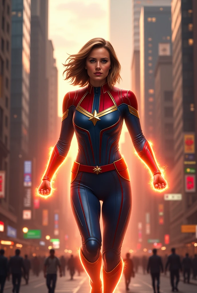 Ultra realistic 6D image of Captain Marvel Carol Danvers with medium hair in the city center walking and showing her power of flight
