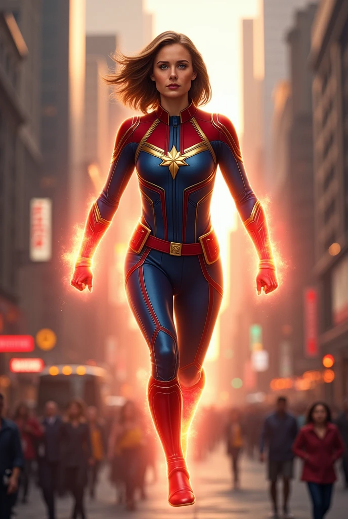 Ultra realistic 6D image of Captain Marvel Carol Danvers with medium hair in the city center walking and showing her power of flight