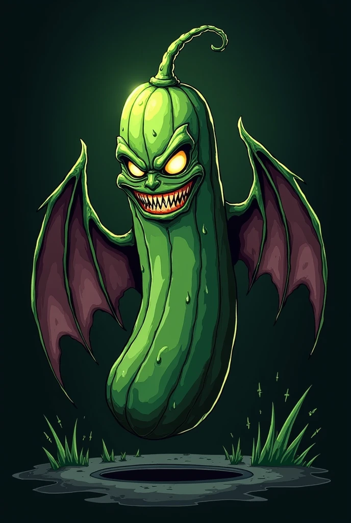 Logo of a cucumber dressed in bat wings, evil eyes and smile

