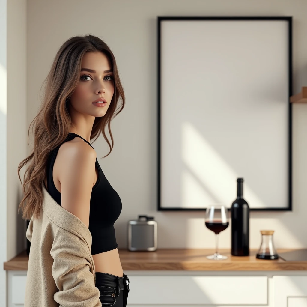 A young, attractive woman with long brown hair, wearing a casual black crop top and an open beige cardigan, stands confidently to the side in a modern kitchen. The kitchen has a minimalist design with clean lines, featuring light-colored cabinets and a smooth countertop. A thin, black wooden frame with a DIN A aspect ratio hangs on the wall beside her, showcasing a blank canvas that harmonizes with the environment. The frame is sharply in focus, without any obstructions like bottles or glasses, emphasizing its elegant simplicity. On the countertop, placed away from the frame, there’s a bottle of red wine and a glass half-filled with wine. The atmosphere is sophisticated yet relaxed, with soft lighting highlighting every detail in the scene