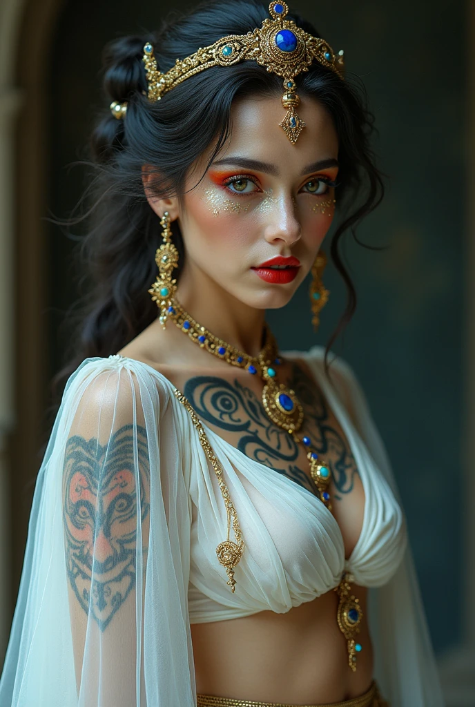 From the neck up, I was regal: my face was adorned with cosmetics— rouge on my lips, a smearing of gold dust on my eyelids, kohl lining my eyes—and my hair was coiled around a small golden diadem it was embedded with lapis lazuli. But from the neck down, I was a heathen god’s plaything. They had continued the pattern of the tattoo on my arm, and once the blue-black paint had dried, they placed on me a gauzy white dress. If you could call it a dress. It was little more than two long shafts of gossaper, just wide enough to cover my breasts, pinned at each shoulder with gold brooches. The sections flowed down to a jeweled belt slung low across my hips, where they joined into a single piece of fabric that hung between my legs and to the floor. It barely covered me, and from the cold air on my skin, I knew that most of my backside was left exposed. My ref hair curled up to my shoulder and my blue eyes glimmered. In my palm there was black ink with the shape of an eye and my body had been painted with an art that connected with the eye on my palm