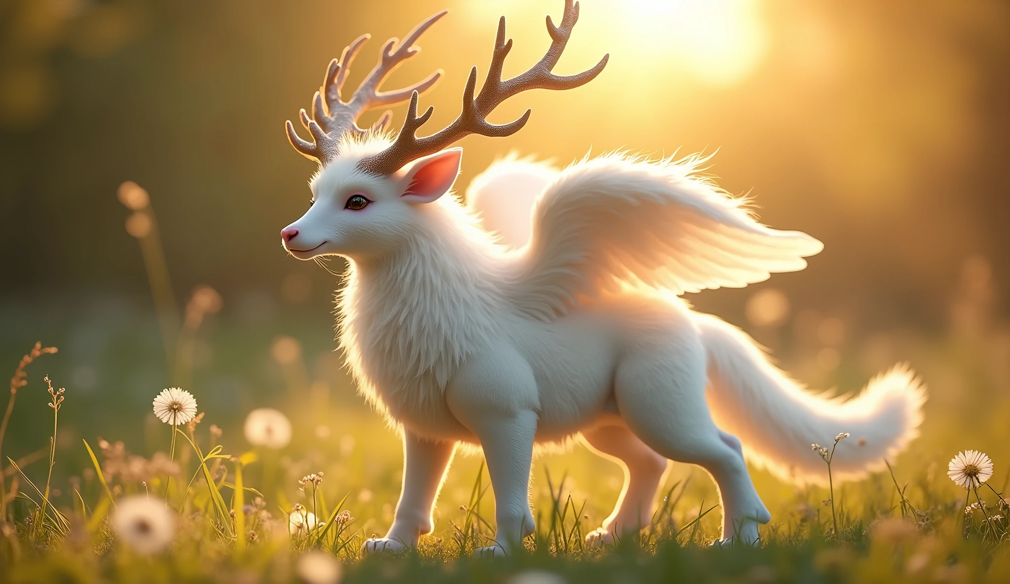 Her hangi bir hayvan, 32K UHD, warm tone, afternoon sunlight, white fur, pink snout, antlers, white wings