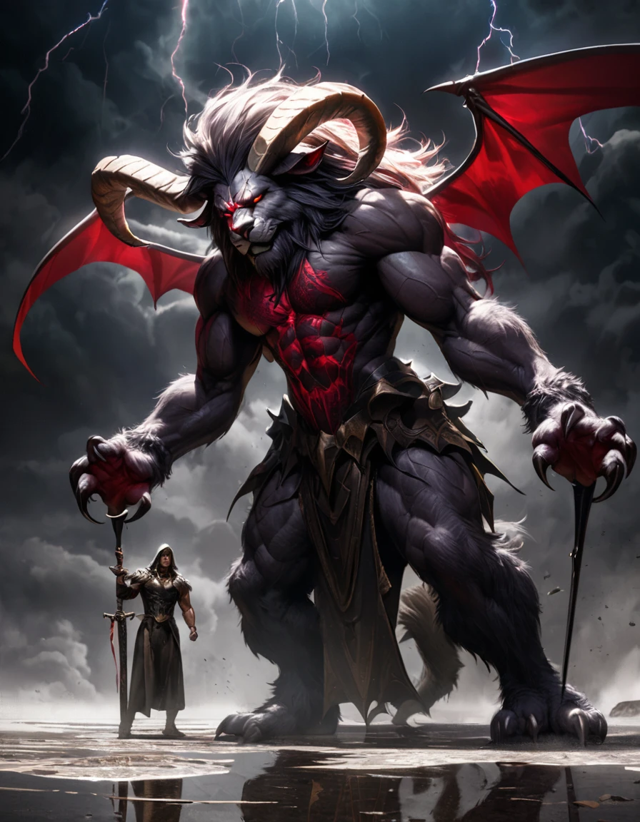 a very tall demon with lion head and goat horns and bat wings standing straight in two feet human pose, stern expression, confident pose, glowing red eyes, dark fur, goat feet, celestial, muscular frame, a great sword plug on the ground infront of him, detailed facial features, highly detailed, photorealistic, light and shadow contract, dramatic lighting, fantasy, surreal, dark, moody, thunder sky background, white fog foreground, water reflection the ground, skulls on the ground