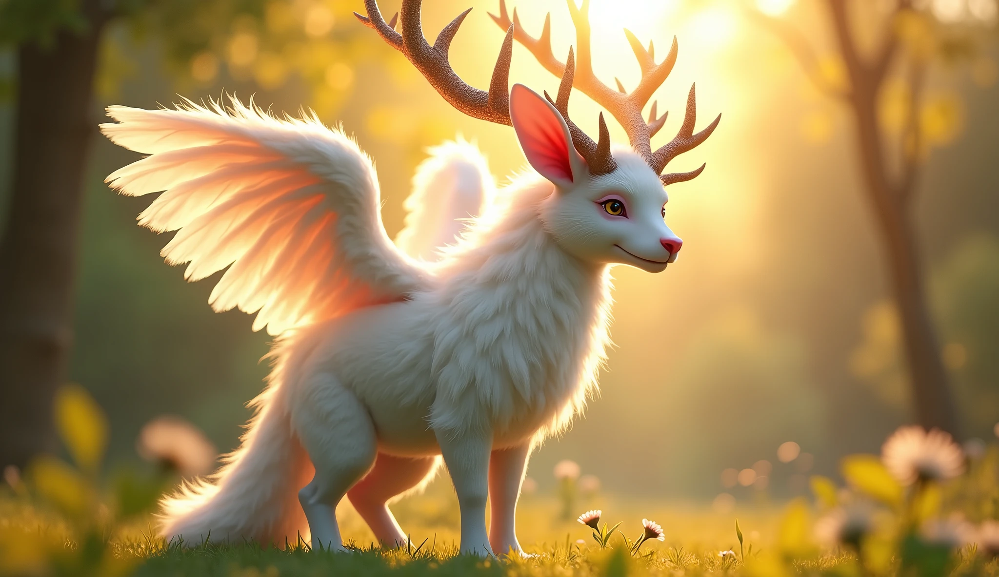 Her hangi bir hayvan, 32K UHD, warm tone, afternoon sunlight, white fur, pink snout, antlers, white wings
