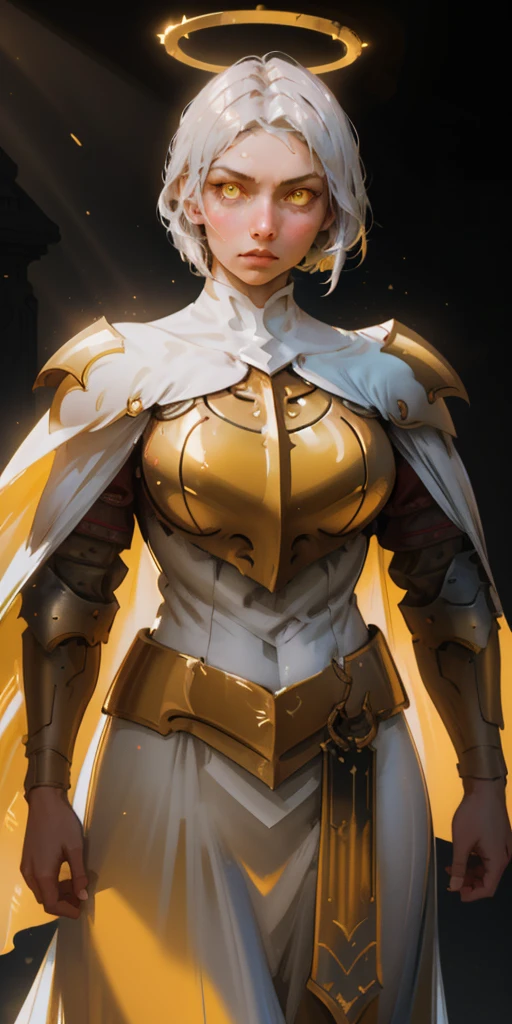  A powerful paladin lady with shimmering white silver hair and glowing yellow eyes stands tall in ornate golden armor. Her cape billows dramatically against a black background, and a halo of light surrounds her head. She gazes directly at the viewer, her fingers crossed confidently.