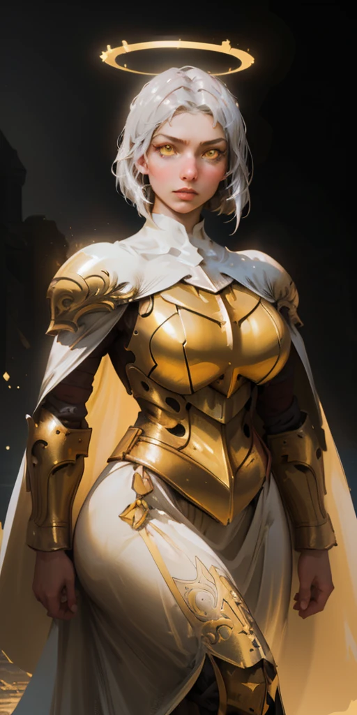  A powerful paladin lady with shimmering white silver hair and glowing yellow eyes stands tall in ornate golden armor. Her cape billows dramatically against a black background, and a halo of light surrounds her head. She gazes directly at the viewer, her fingers crossed confidently.