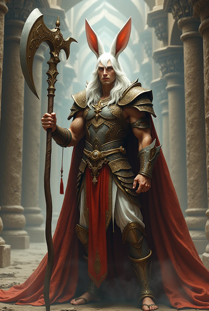  Adult handsome guy, with white rabbit ears, with a big beautiful sickle, in ancient armor, Art, 