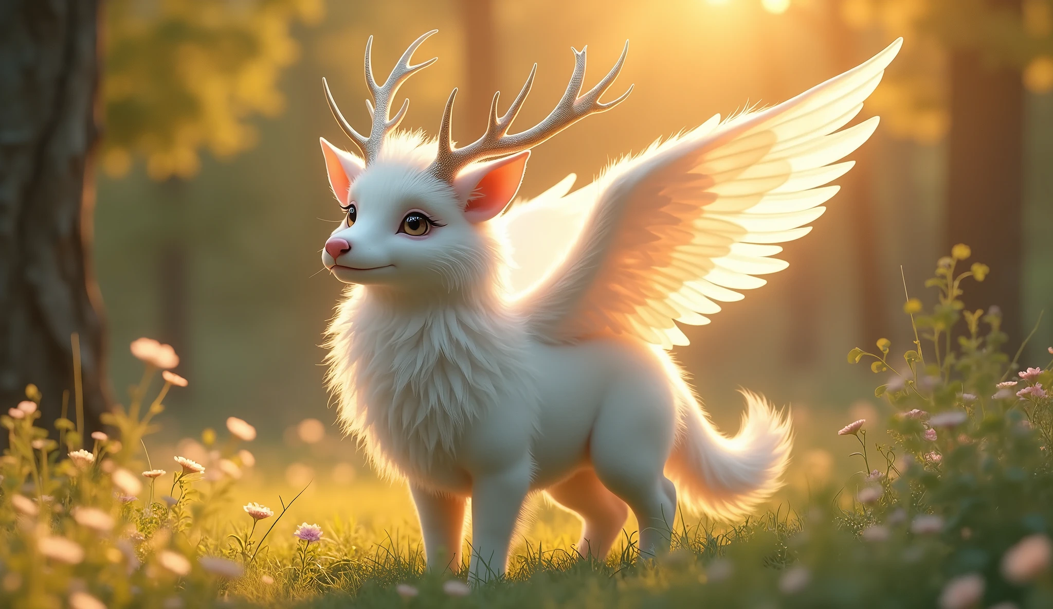 Her hangi bir hayvan, 32K UHD, warm tone, afternoon sunlight, white fur, pink snout, antlers, white wings