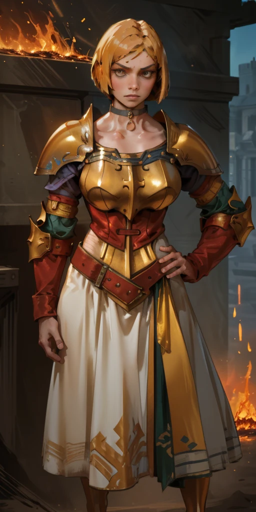A confident paladin warrior, her short hair styled in a stylish bob, strikes a commanding pose. Dressed in gleaming gold armor, she stands with her hands on her hips, her feet planted firmly. A leather choker adorns her neck, and her eyes burn with a fiery intensity.