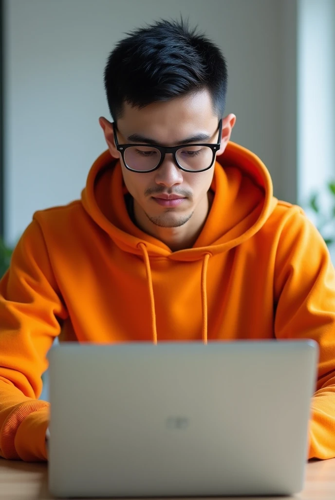 an image of a person with an orange sweatshirt and a hood in front looking at the camera with his laptop and wearing black glasses 