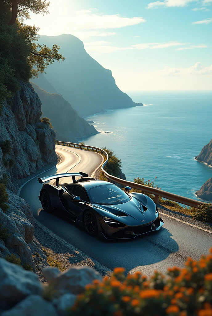 a sports car on the mountain by the sea