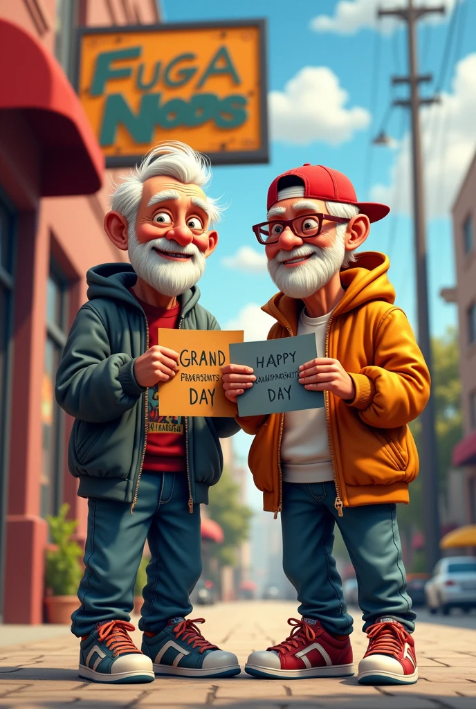 Hip hop grandparents pair with letters that say “happy grandparents day” and a sign that says “fuga music”