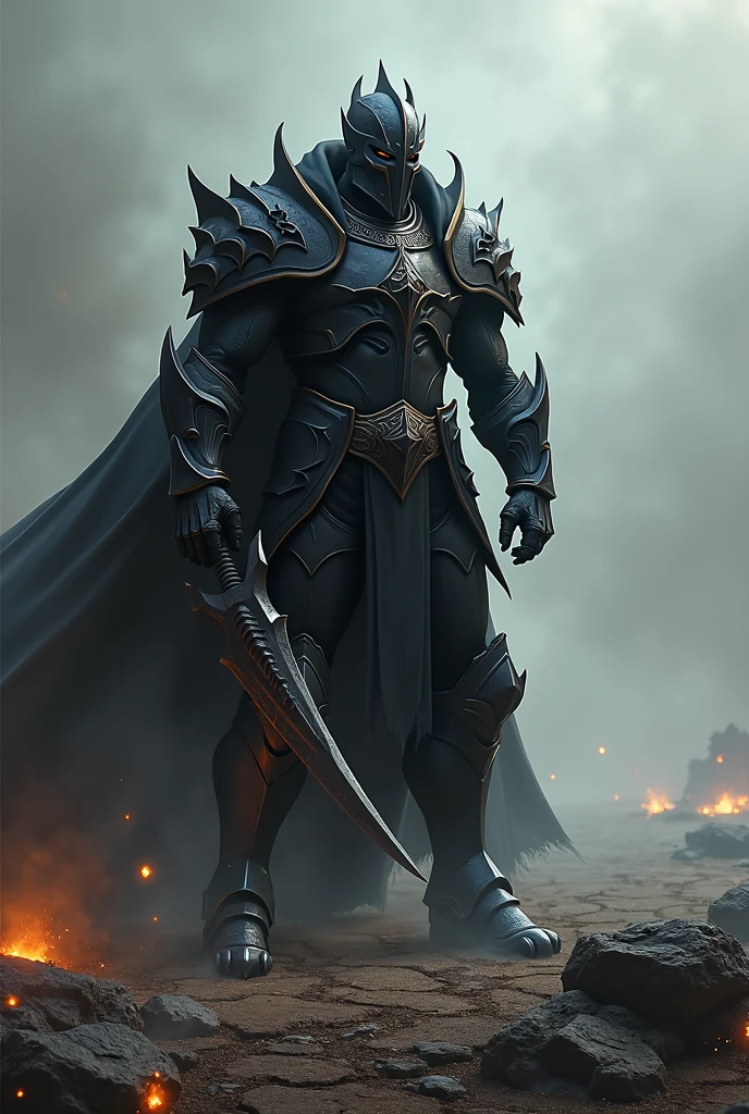 image of the dark warrior, this time on a desolate battlefield, with an even more intense and threatening atmosphere. I hope you find it impressive!
