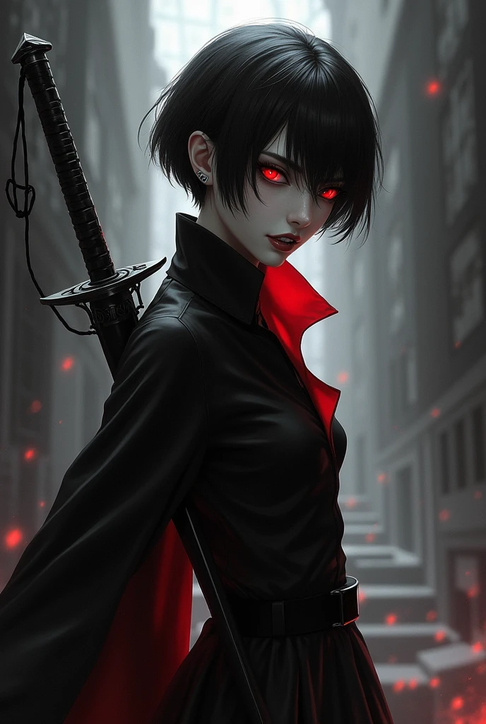 short black and white hair vampire teeth red eyes black and red shirt sword on the back