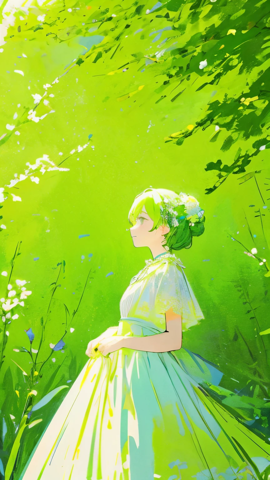 teacher、limited palette、colourfull、landscapes、Woman in wedding dress、the woods、natta、green flowers、green leaves、Detailed background、​masterpiece、top-quality、