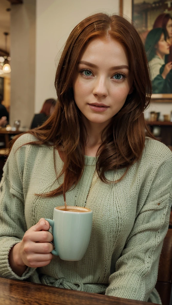 A beautiful woman drinking coffee in a cafe, long, loose red hair, serene expression, winter clothes, detailed facial features, intricate folds in clothing, cinematographic composition, vibrant colors, Realistic representation, 8k, High resolution, photorealistic, masterpiece, green eyes, White skin