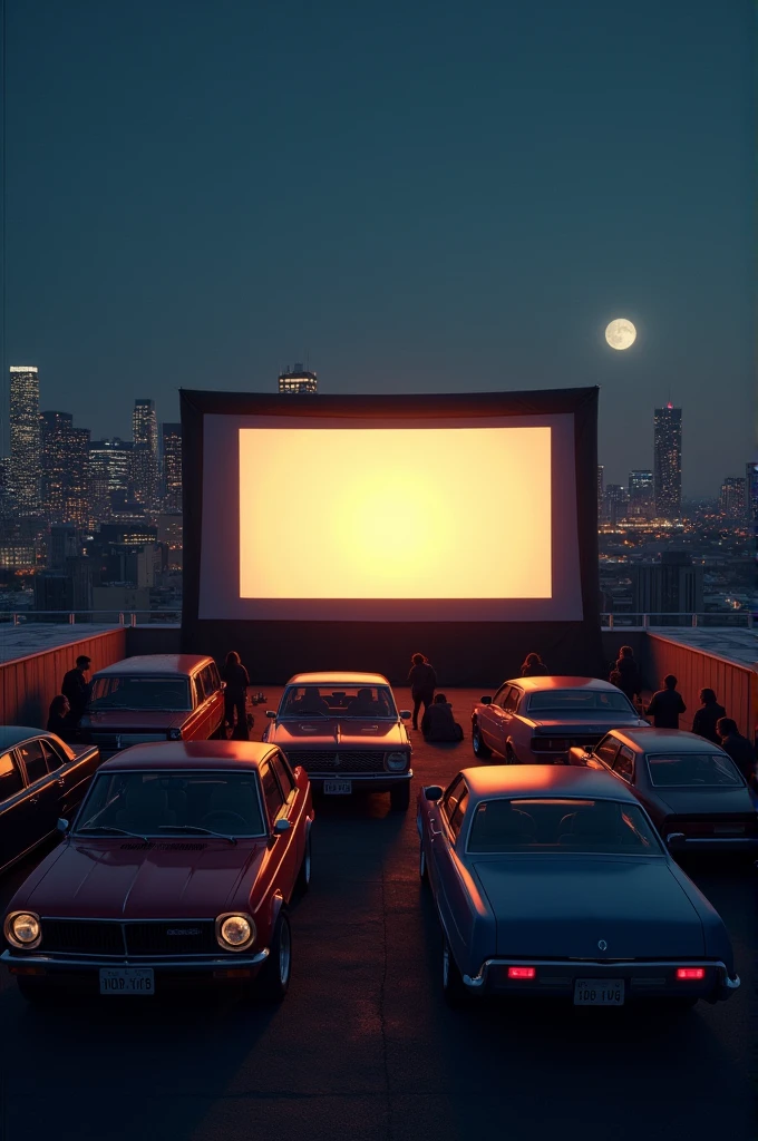 Cinema screen on rooftop people watching movie in car