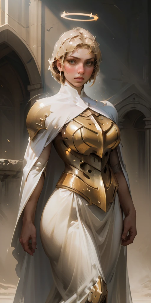 A majestic paladin, bathed in ethereal light, stands tall against a dark backdrop. Her flowing white cape and ornate golden armor create a striking silhouette. A halo of light surrounds her head, and her gaze is fixed on the viewer, her fingers crossed in a gesture of faith and strength.
