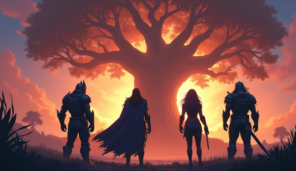 action movie shot, ((four heroes from the back)), knight, mage, healer, assassin, cartoonish style, no face details, colossal white tree towering in the background, glowing tree dominating the scene, immense size emphasized, dynamic action-packed poses, intense atmosphere, vivid colors, dramatic lighting, [heroic silhouettes], [epic tree backdrop], [adventurous setting], [ strong composition