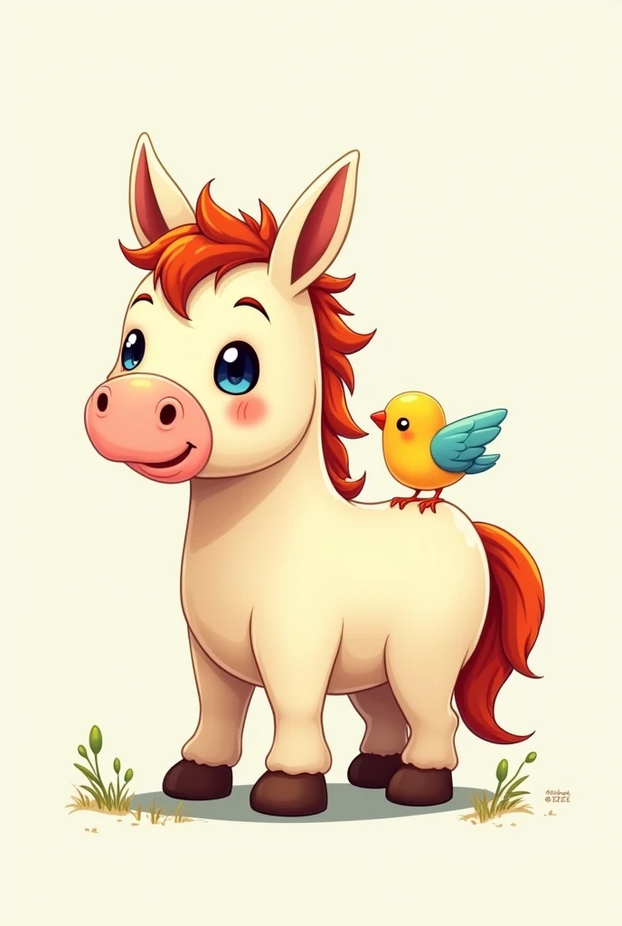 Drawing of a little horse with a little bird on its back, comic style