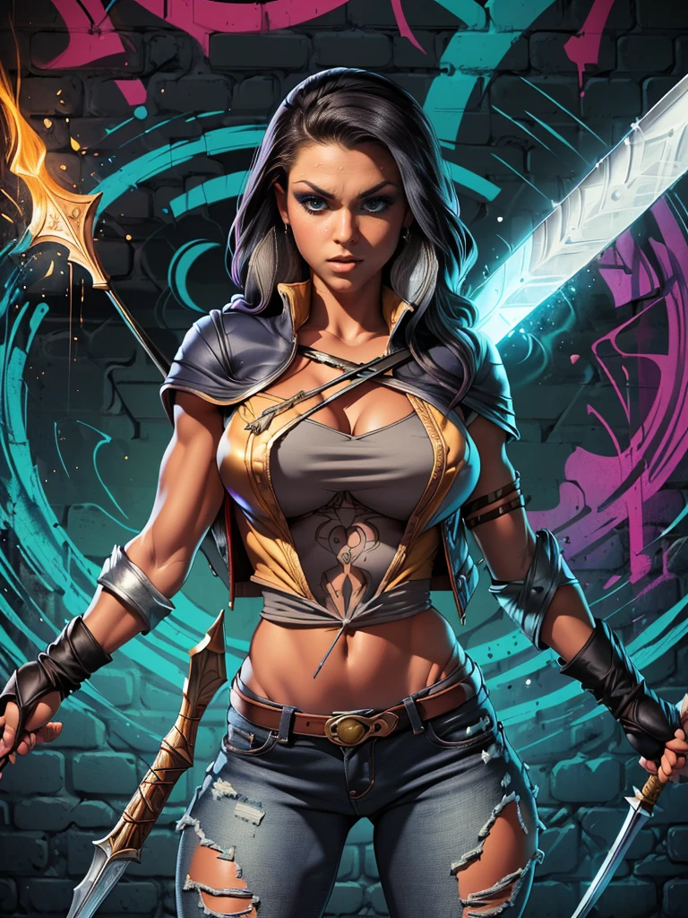 Very aesthetic inkpunk illustration, Alison Tyler, (((wielding a magic spear in his right hand))), sentada em uma cadeira simples, corpo inteiro, separated-lips, ,(((jaqueta de couro preta com rebites))) , ripped jeans, camiseta branca, , fundo da parede com graffiti, Arte por Mschiffer