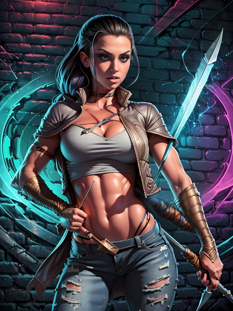 Very aesthetic inkpunk illustration, Alison Tyler, (((wielding a magic spear in his right hand))), sentada em uma cadeira simples, corpo inteiro, separated-lips, ,(((jaqueta de couro preta com rebites))) , ripped jeans, camiseta branca, , fundo da parede com graffiti, Arte por Mschiffer