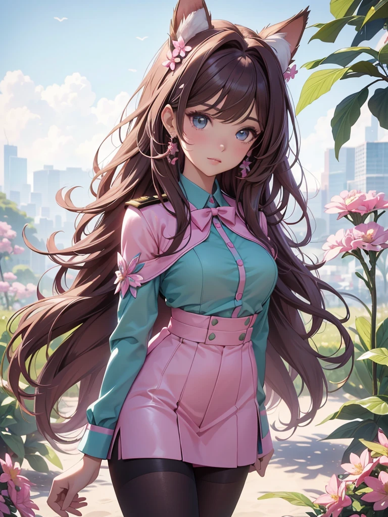 (best quality,4k,8k,highres,masterpiece:1.2),ultra-detailed,(realistic,photorealistic,photo-realistic:1.37),acrylic painting,beautiful Brazilian model in a uniform outfit with downy hair,beautiful Brazilian model with extremely colorful brown hair and detailed facial features,beautiful Brazilian model standing in a beautiful garden sakura flowers, long hair,cat ears, hair bows, uniform pink and teal outfits