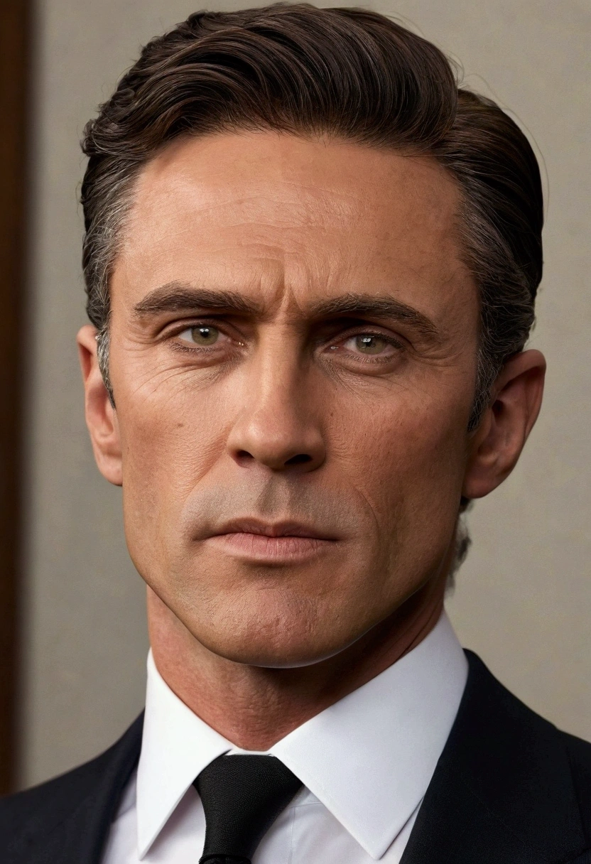A hyper-realistic image of a 3 politician with a strong, broad-shouldered build. He has short, well-groomed dark brown hair with a slight wave and a clean-shaven face showing early signs of aging around the eyes and mouth. His skin is slightly tanned with a smooth texture, though faint lines suggest a life of intense stress. His eyes are sharp and calculating, with dark brown irises that convey ambition and a hint of arrogance. He wears a perfectly tailored dark suit with a white shirt and a bold black tie, the fabric fitting his athletic body seamlessly. His jawline is strong, and he wears a gold wristwatch on his left hand, which rests confidently on a polished wooden desk. The setting is a luxurious, well-lit office, with every detail captured in lifelike realism, from the sheen of his suit to the glint in his eyes.
