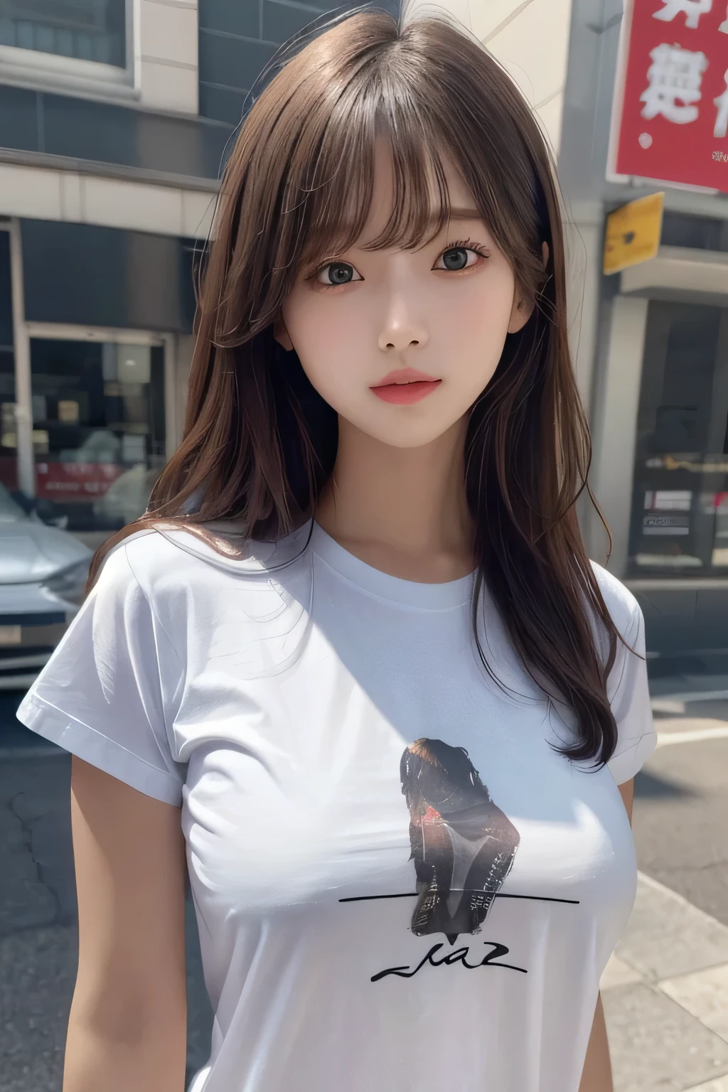 One girl, 1st,Highest quality,High resolution,超High resolution,8k,Realistic,Upper Body,encounter_Audience,Large Breasts, The body is slim,(t-shirt:1.2)