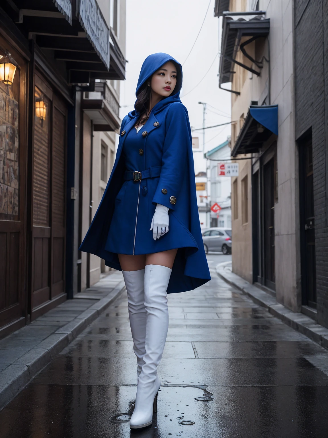 South korea walk women mystery hooded on with modern royal Blue coat with long and wide sleeves with buttons and royal Blue cape and very high white heel over the knee and white gloves, As she reveals a small secret hidden blade coming from his wrist , adding to the characters mysterious, with small movements of air on the cape, in summer at night under the rain, with buildings featuring curved eaves and detailed architecture. sophisticated and highly detailed, ultra hd, realistic, hyper detailed, enhanced colours, ultra sharp focus, with vibrant, rich in details High quality, gorgeous, captivating, 8k, super detailed, stunning shadows, detailed lines, blood stain on coat and gloves and walls, corpses in the street recently murdered