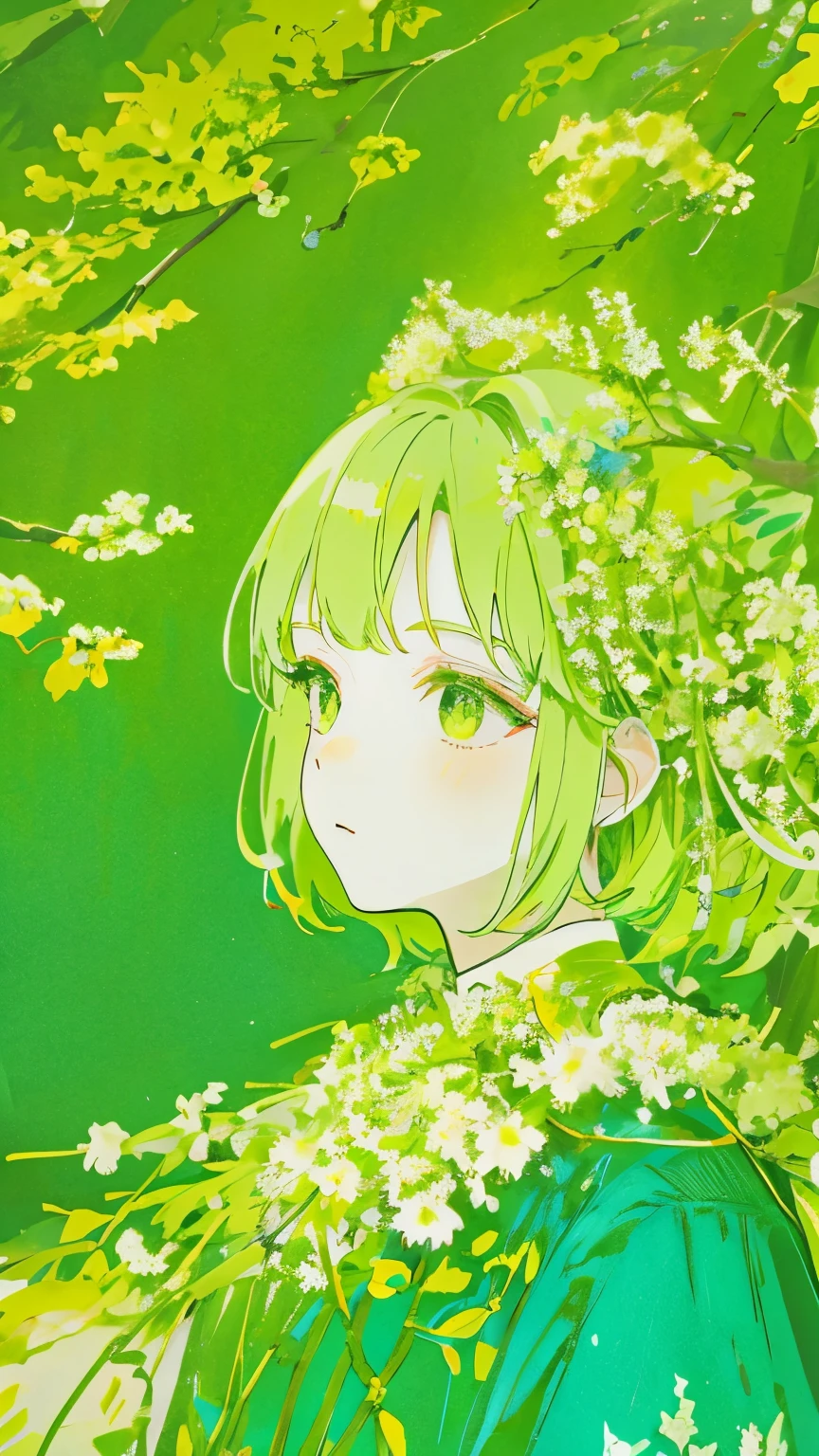 teacher、limited palette、colourfull、landscapes、Woman in wedding dress、the woods、natta、green flowers、green leaves、Detailed background、​masterpiece、top-quality、