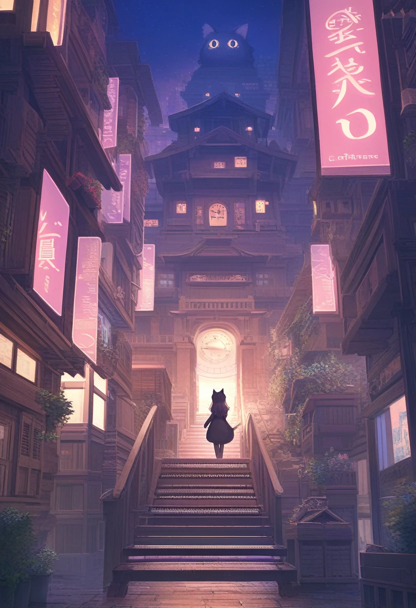 ((Masterpiece)), ((Best Quality)), (Very Detailed), ((Very Detailed)), 4K, (8K), very aesthetic, absurdres highres, 1 woman, (anthropomorphic cat, furry, kemono:1.5), A mysterious city floating under the purple sky at dusk. Buildings float in the air, gears turn as if the clock tower is starting to move, and endless stairs continue forever. Inside the city, cats surrounded by neon light stand as if watching over the city. The entire city is reflected in their eyes, and their shadows cast strange patterns on the walls of the buildings. The cats seem to be searching for something, but what they see are endless possibilities.