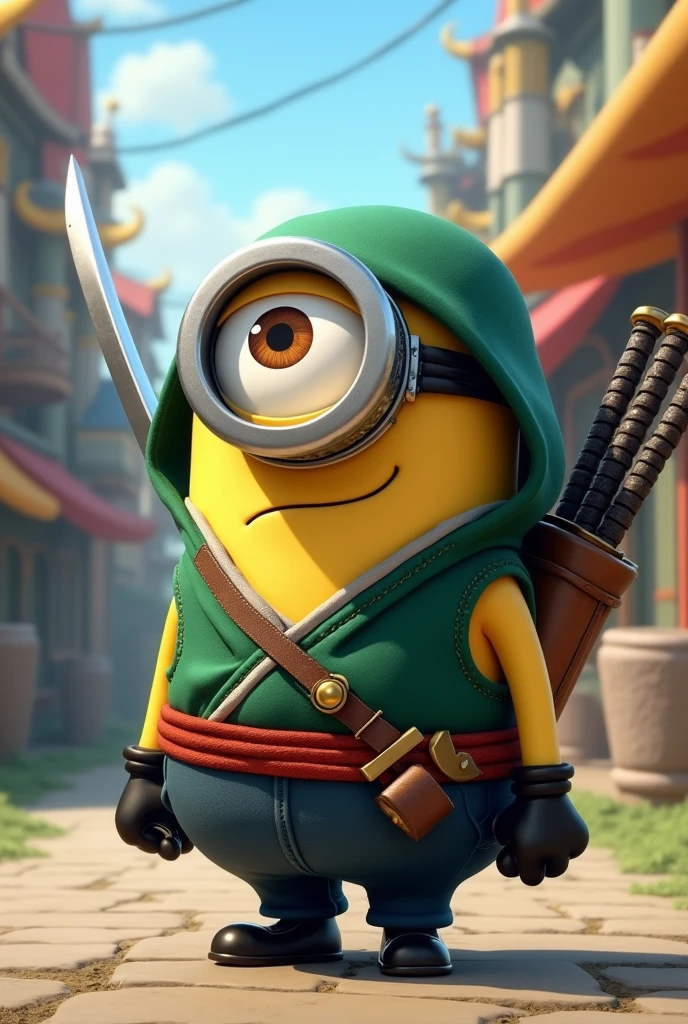 minion dressed as Zoro from one piece last season 
