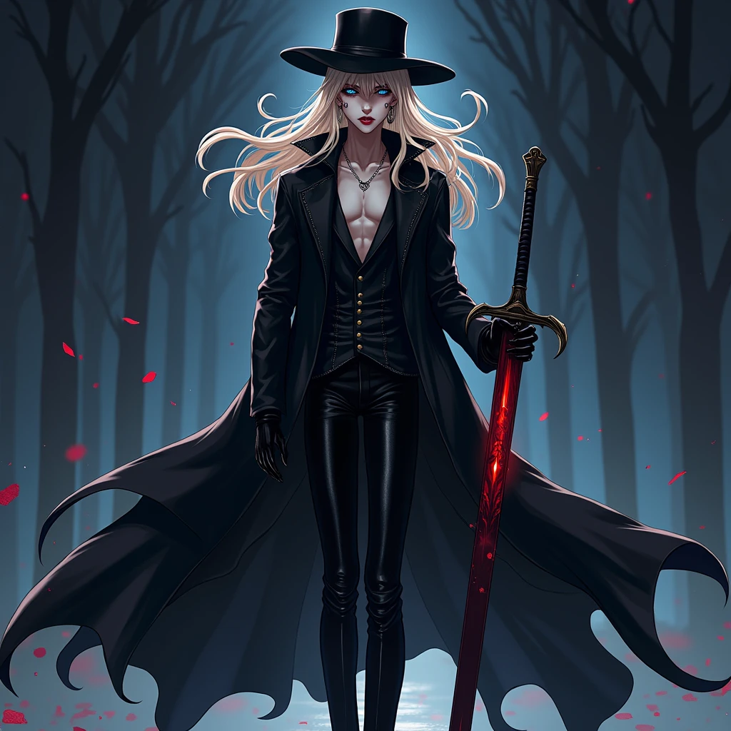 a male, with long dirty blonde hair, Blue eyes, long lashes, delicate features, spooky makeup, a black hat, black gloves, and sexy black clothes. blood splatter. Absolute God. Mysterious. midnight. Anime style. Sexy. Smirking mischievously. Red lips. Black eyeliner. With lip ring piercing.Very tight clothes. Shiny. Leather. Dark. (((masterpiece)) ((pretty well drawn)) ((attractive features)) (excellent quality) ((lip ring piercing) A black hat. Black earrings. Necklace. Sexy. Glowing colors. (Sexy pose) ((Hot male)) Ring lip piercing. Long black leather boots. Long black swaying coat.