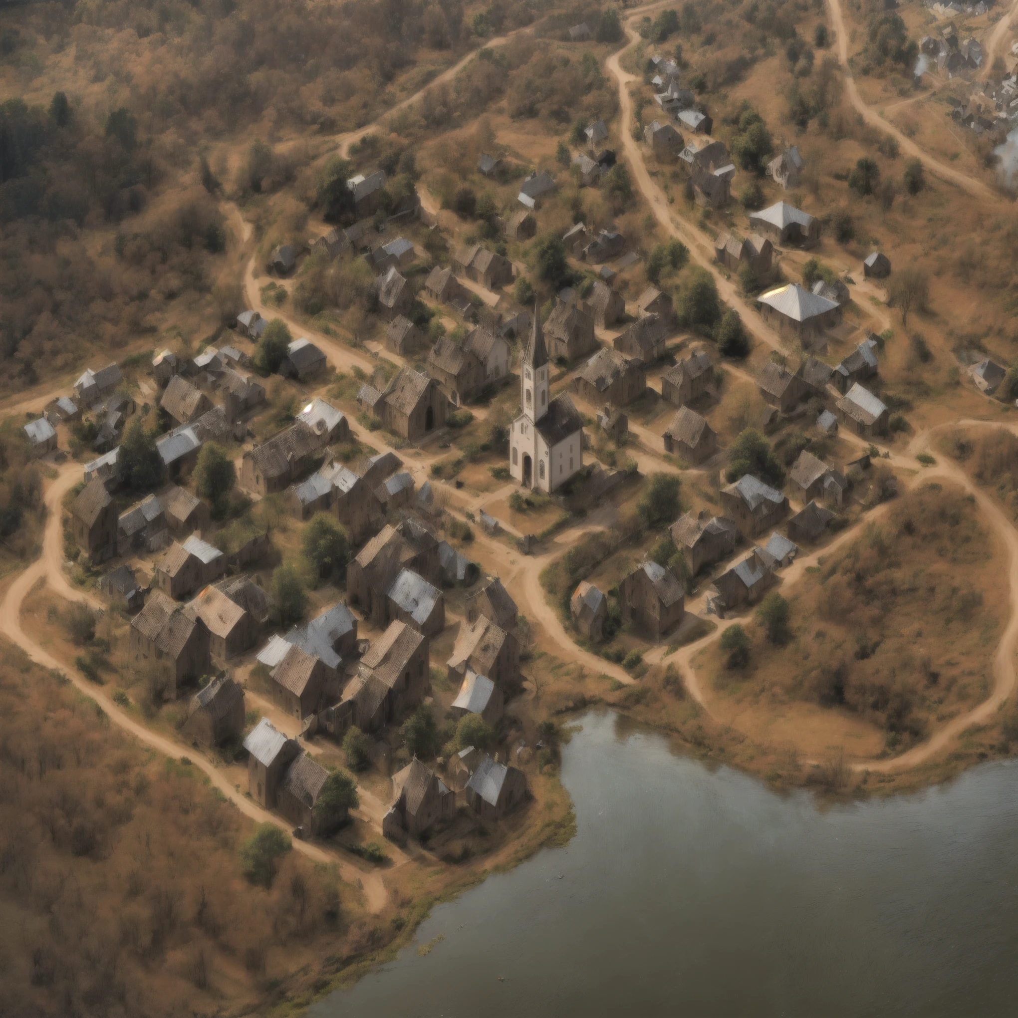 Aerial view of a small village with a church and a river, by Dietmar Damerau, above a village, realistic photo of a town, photograph from above, Direction: Thomas Kluge, por Edwin Georgi, por Robert Jacobsen, by Sebastian Spreng, of a small village with a river, por Alexander Robertson, by Etienne Delessert