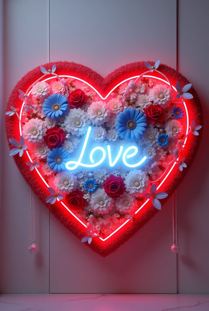 The picture shows a heart decorated with white blue red flowers and white vines on the wall, a red collar heart is formed by it, inside the heart some yellow neon light is shining and the name "SOfi & SONA" is written in a 3d stylish font with purple glitter, pendants are left below and above the heart, flowers are shining, heart is shining in white and red, pendant has tiny pearls. 4k ultra quality images.