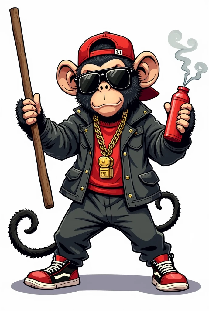 Animated monkey with intimidating face smoking a cigar with two rings on his hand and a chain on his neck