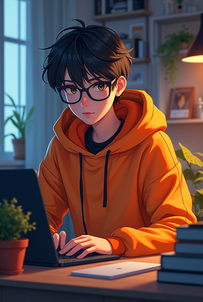 an image of a person with an orange sweatshirt and with his hood in front looking at the camera with his laptop and wearing black anime-style glasses that makes his room attractive and eye-catching 