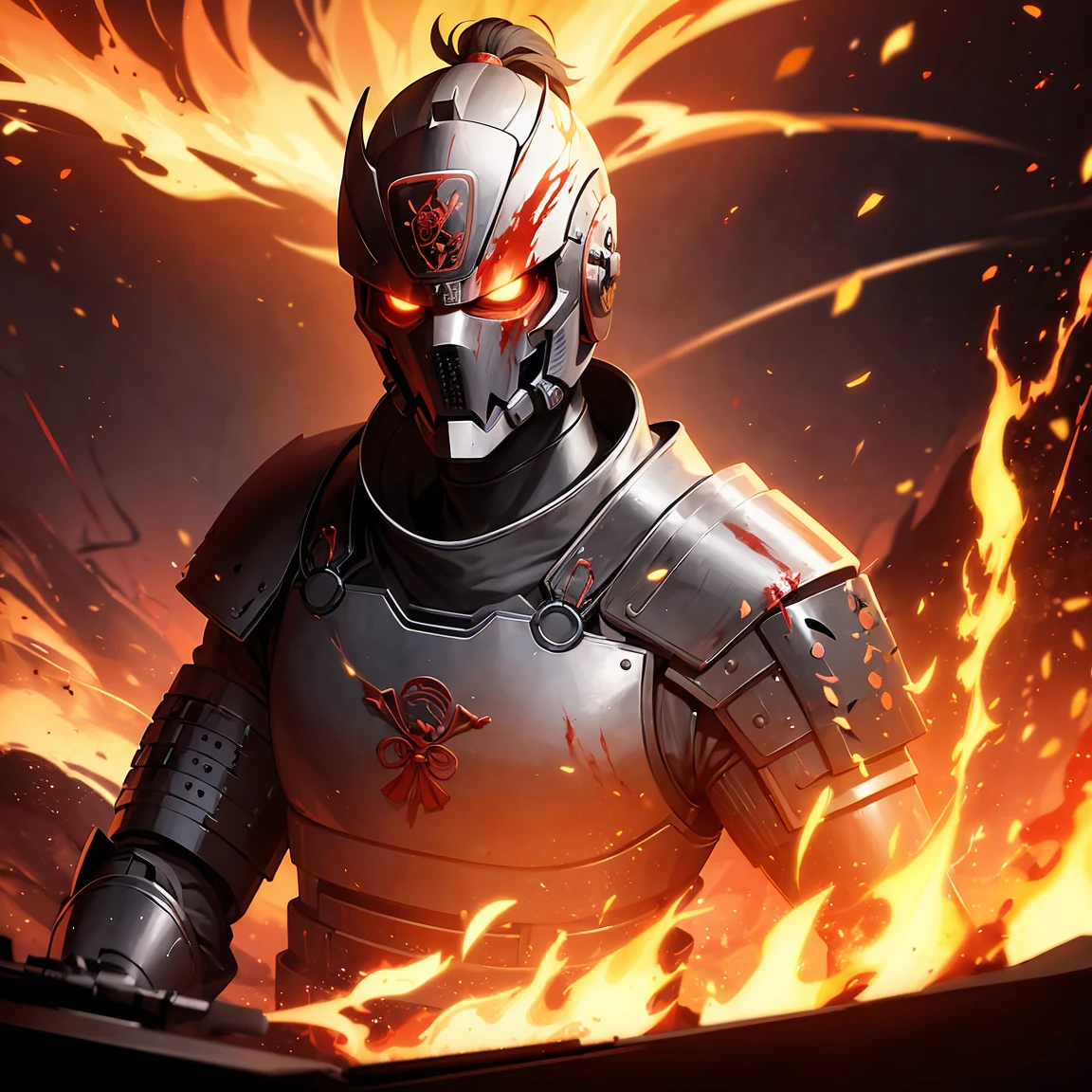 a samurai, with cybernetic armor, holding a sword embedded in fire, with a little blood on the armor, with red glow in the eyes,your face is hidden by a shadow ,full body on display, in the background of the scene, right behind the character, a giant cut in the clear sky