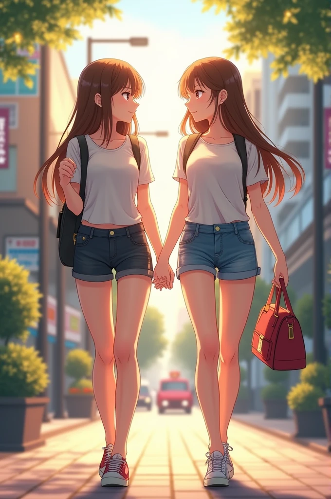 Two young woman together, they are walking in the street, they are holding hands, it's a friendly vibe, they wear little skirts and t-shirts, daylight scene, anime style, realistic wide shot