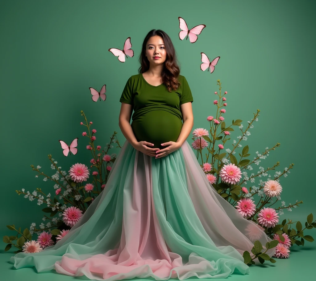 pregnant woman in green dress surrounded by flowers and butterflies, a colorized photo by Elena Guro, shutterstock, conceptual art, blue and pink colors, blue and pink, blue and pink color scheme, cyan photographic backdrop, pink and blue colour, pink and blue colors, flowing gown, pastel blues and pinks, lady with glowing flowers dress, pink and green