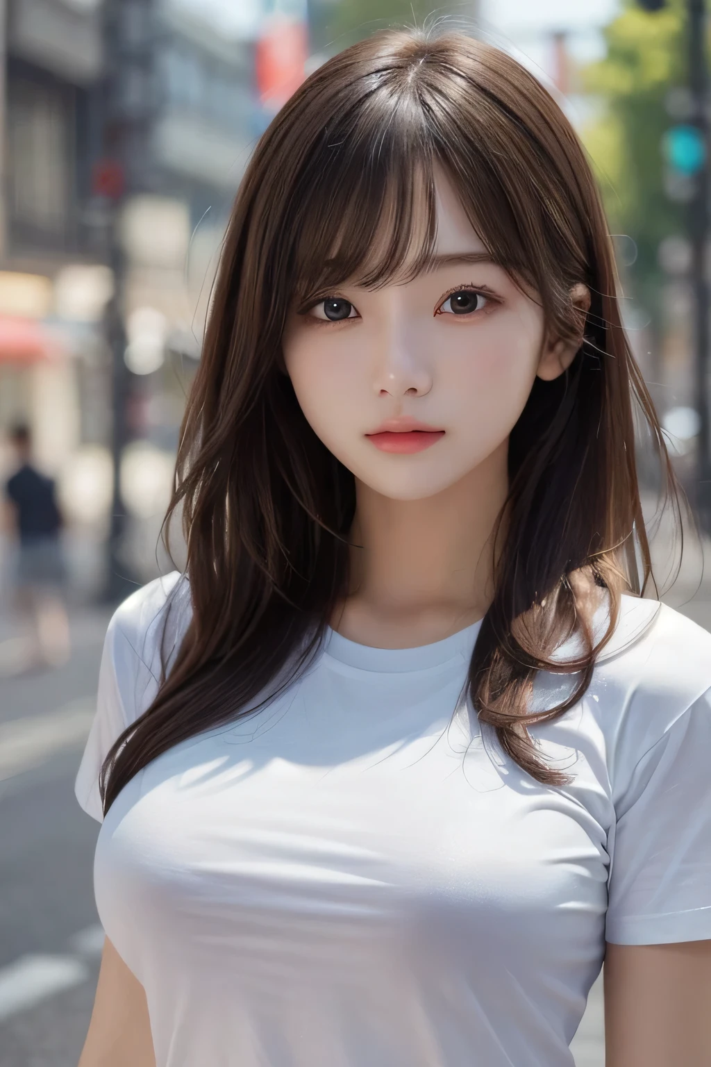 One girl, 1st,Highest quality,High resolution,超High resolution,8k,Realistic,Upper Body,encounter_Audience,Large Breasts, The body is slim,(t-shirt:1.2)