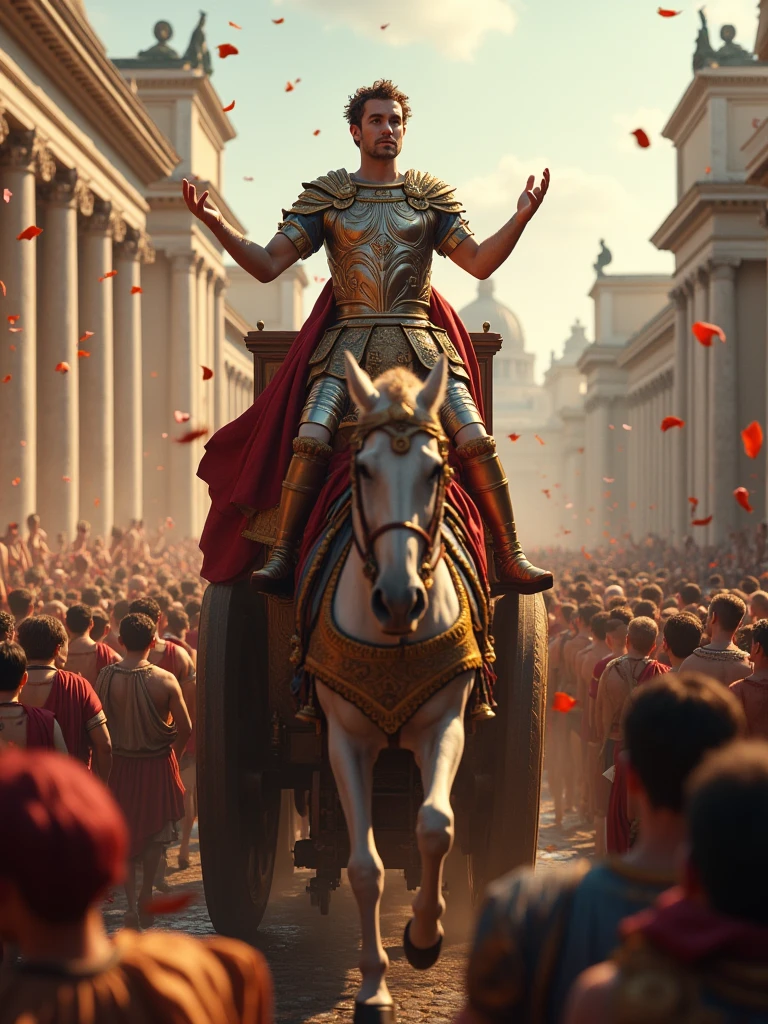 Julius Caesar, standing on a triumphal chariot in a Roman parade, with a proud expression, ancient Roman era, in ceremonial armor and a laurel crown, on the streets of Rome, crowds cheering and throwing flowers as Caesar passes by, the majestic architecture of Rome in the background, wide shot, hyper-realistic, photo realism, cinematography -- ar 9:16