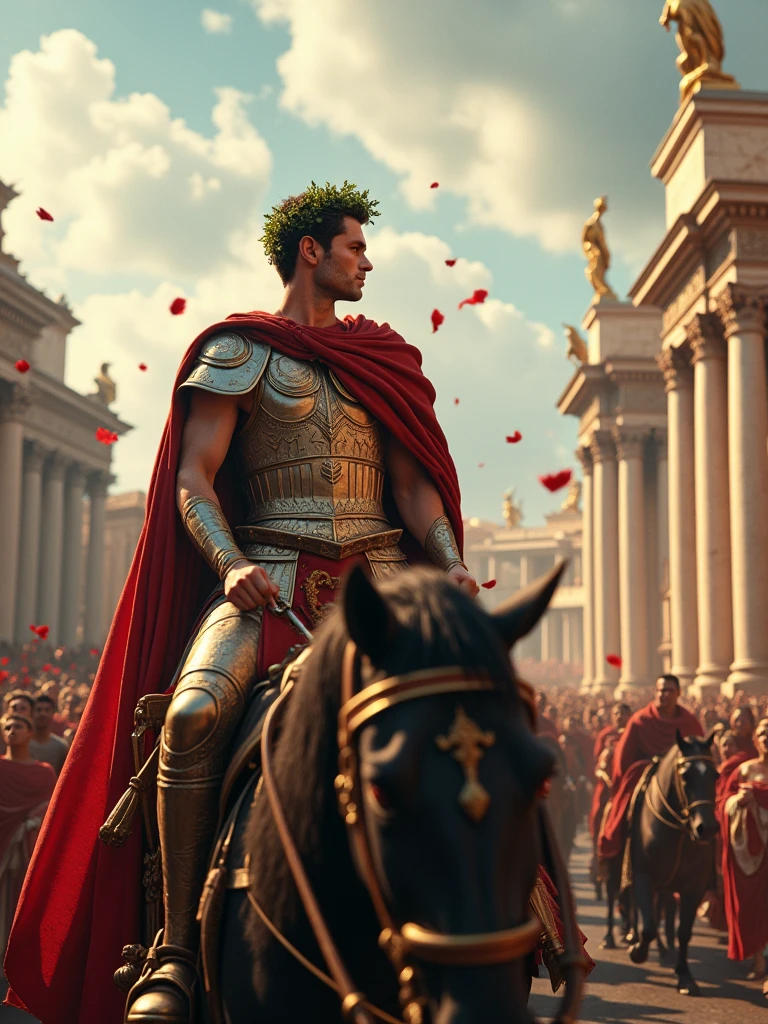 Julius Caesar, standing on a triumphal chariot in a Roman parade, with a proud expression, ancient Roman era, in ceremonial armor and a laurel crown, on the streets of Rome, crowds cheering and throwing flowers as Caesar passes by, the majestic architecture of Rome in the background, wide shot, hyper-realistic, photo realism, cinematography -- ar 9:16