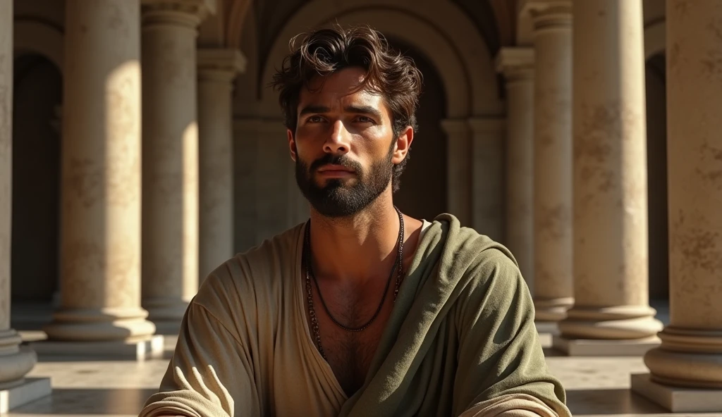 A male Stoic philosopher, around 2, possesses a well-proportioned and attractive physique, his slightly tanned skin hinting at time spent outdoors in contemplation. His very short, well-trimmed beard and wavy, well-styled hair frame a face that exudes both wisdom and a subtle sensuality, drawing attention wherever he goes. He is dressed in classic tunics in soft earthy tones - gray, brown, and olive green - with subtle gold or copper details, which fall gently on his body, subtly revealing his shoulder. He is shown in a contemplative pose, surrounded by ancient Roman texts and scrolls in a grand Roman library, symbolizing the need for realism and clarity. The setting features stone columns and marble floors, with warm, ambient light highlighting his thoughtful expression. Camera shot: medium shot, Camera: Nikon D850, Lens: 85mm, Film stock/Resolution: High Resolution, Quality: 4K, hyperrealistic, Render: Unreal Engine 5.